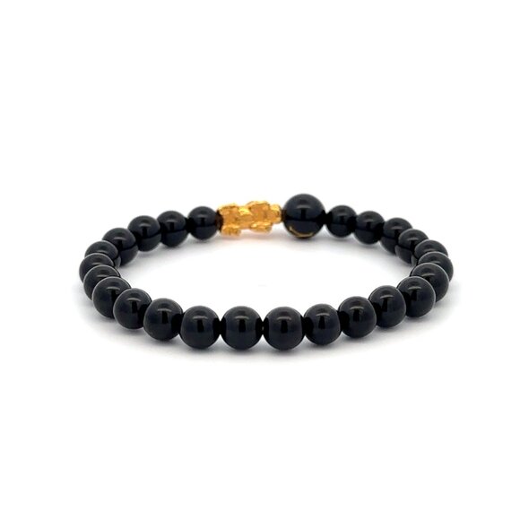 18K Gold Pixiu Piyao Bracelet Gemstones Onyx 6mm Elastic Bracelet Letter Y - Picture 4 of 6